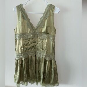 Lace-Trim Olive Green Mini Dress